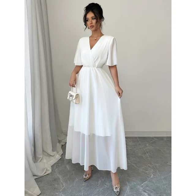 Plus Size Womens Summer Flowy Chiffon Midi Dress Casual V Neck Short Sleeve High Waist Boho Beach Dress Wedding Guest Maxi Dress 4