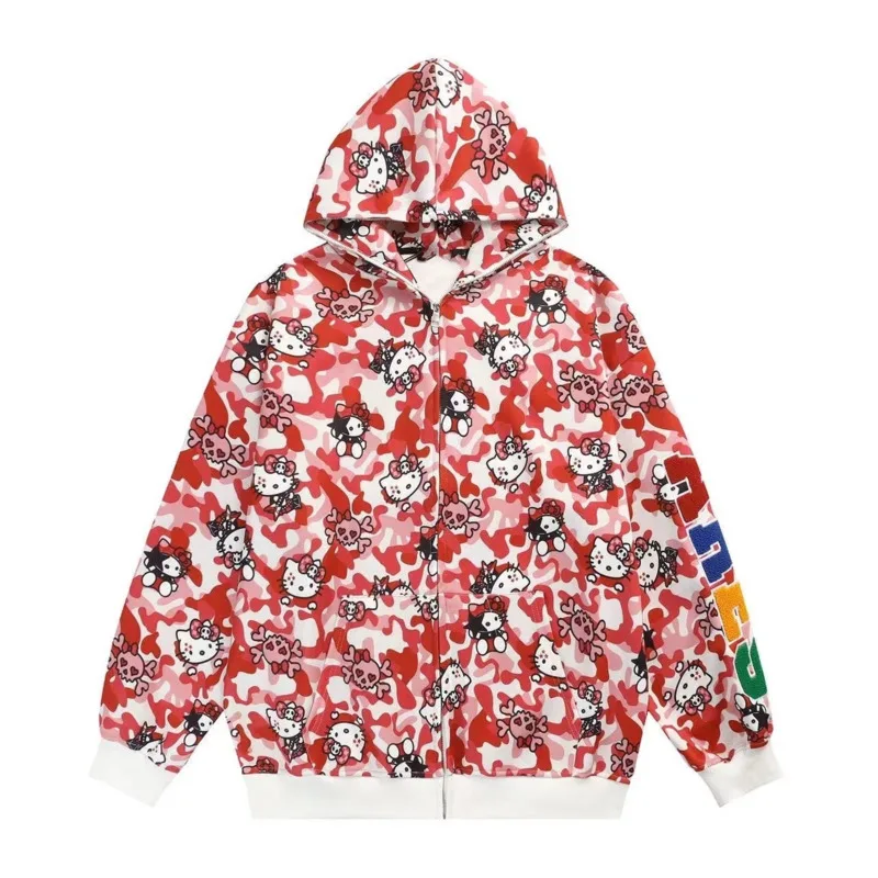 thumbnail image 1 of Miniso-sudaderas con capucha de camuflaje para mujer, abrigos con cremallera Harajuku, estampado de gato de gatito de dibujos animados, sudaderas góticas, ropa de pareja Y2k, 1 of 3