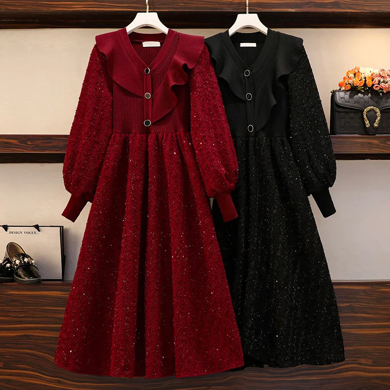 

Large Women's Autumn and Winter New Dress Fat Sister Slim Waist Waist Waist Medium Long Ruffle V-Neck A-line Dress