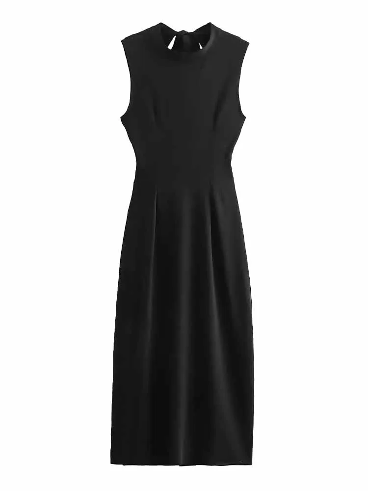

Women New Chic Fashion Backless Lace up design Black slim Midi Dress Vintage Sleeveless Female Dresses robe Mujer