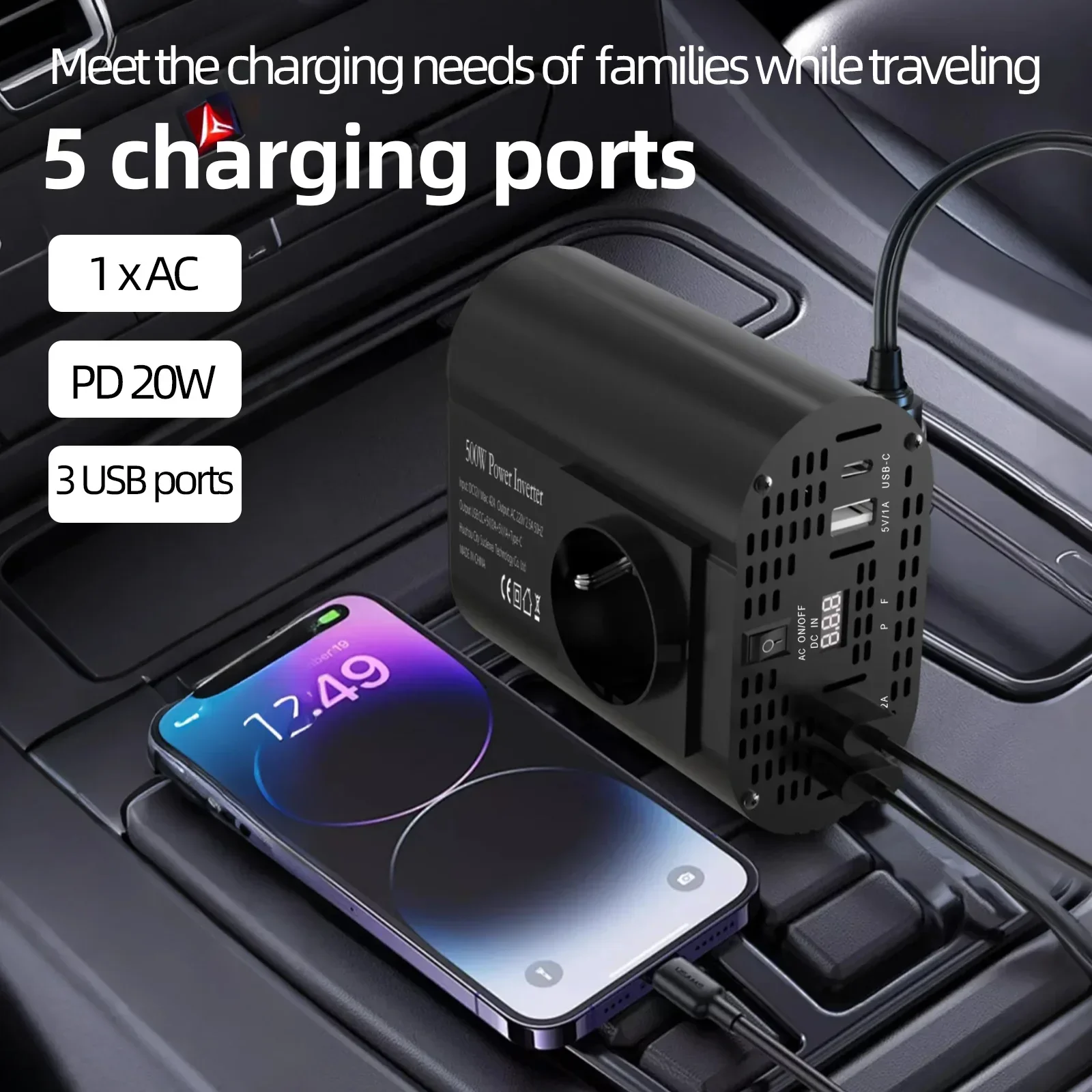 Car inverter 400W/500W/1500W Car inverter DC 12V to AC 220V converter 3USB 2.0 and 1USB QC3.0 European standard socket