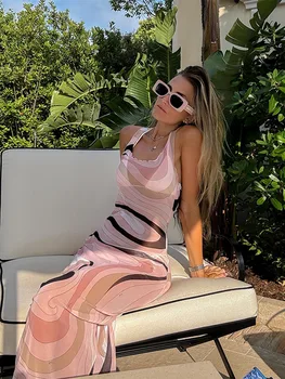 Sexy Women's Sheer Mesh Bodycon Maxi Dress Chic Print Sleeveless Slim Fit Beach Vacation Long Dresses Casual Daily Female Outfit 1