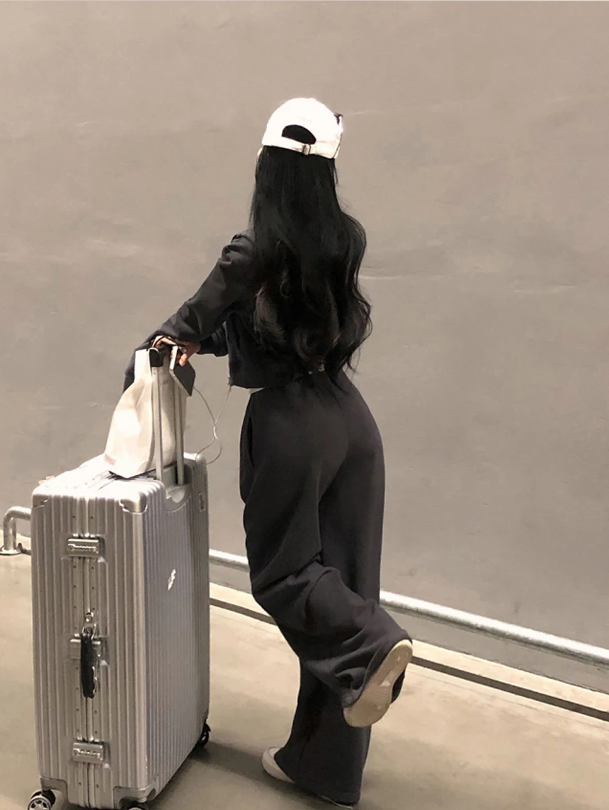 Korean Fashion Streetwear 2-piece Pants Set Women Tracksuit Autumn New Hooded Zip-up Crop Top Long Pants Casual Solid Outfits