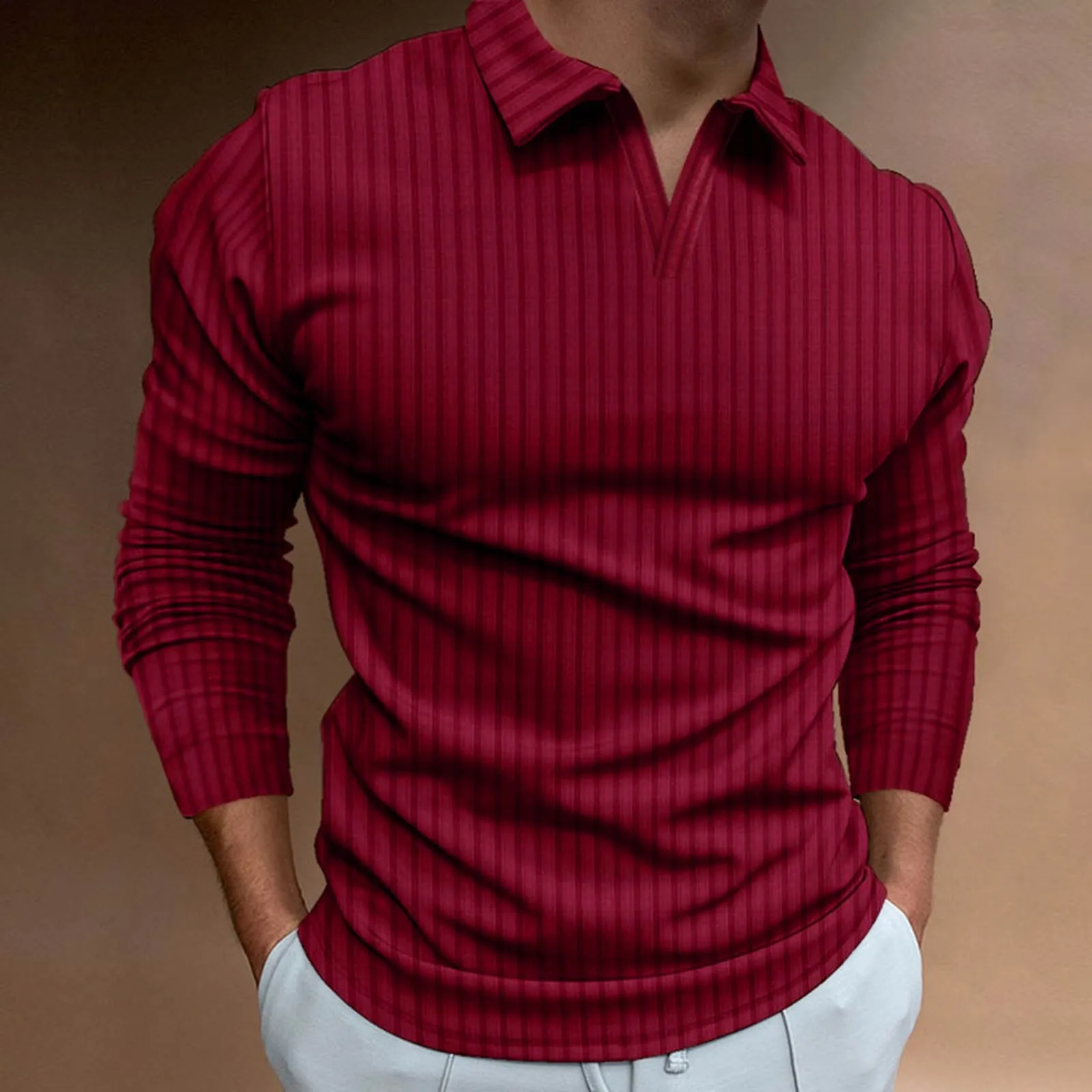 

Mens Solid Color Polo Tees New Fashion Striped Turndown Collar Polos Spring Summer Long Sleeve Polo Tees Casual Daily Streetwear