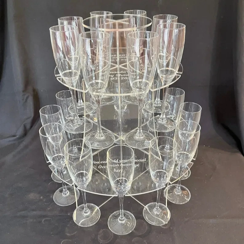 Présentoir à Champagne Acrylique 3 étages – Support 32 Flûtes – 50x30x66,5 Cm – Pour Mariage, Fête, événement – Avec Bande LED Incluse