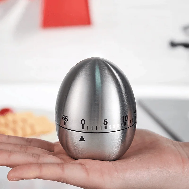 Stainless Steel Egg-Shaped Kitchen Timer with Mechanical Alarm
