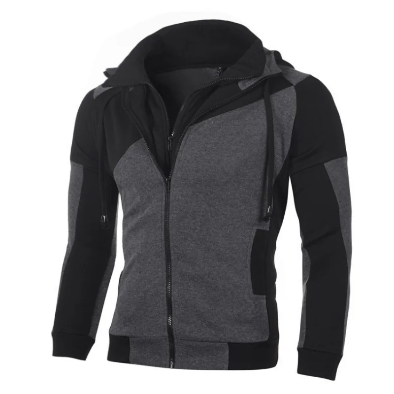 New Color Block Sweater Men's Casual Fashion Sports Two piece Spliced Zipper Hooded Sweater Men's Wear