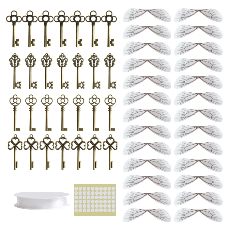 SANNIX 30 PCS Vintage Skeleton Keys Flying Keys Charms with 30 Pairs  Dragonfly Wings and 30 Yards Elastic Crystal String for DIY Jewelry Making
