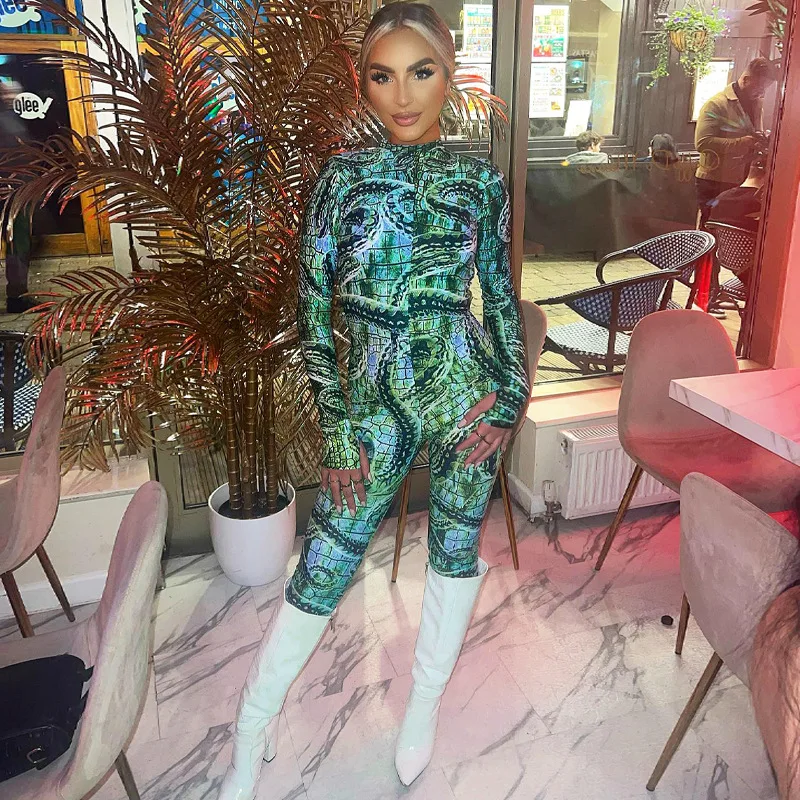 

Women's Jumpsuit 2023 New Polyester Mesh Red Print Backless Long Sleeved Jumpsuit Free Shipping