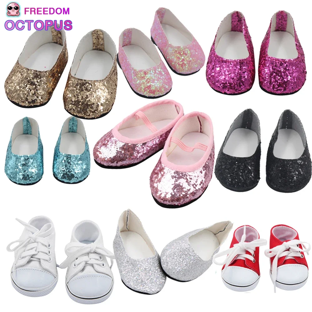 7cm 2022 New Fashion Baby Sequins Doll Shoes Manual Canvas Shoes For 43cm Dolls Baby New Born And 18 inches American Dolls