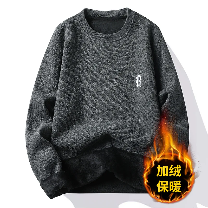 Round neck sweater for men with plush and thick high neck knit shirt for autumn and winter youth insulation and bottom T-shirt f