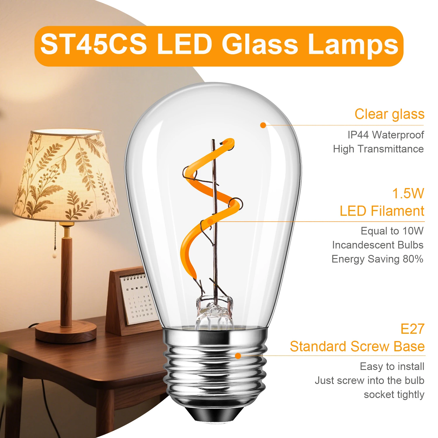 빈티지 E27 에디슨 전구 ST45 E26 1.5W 필라멘트 전구 110V 220V 호박색 유리 LED 조명 홈 조명기구 장
