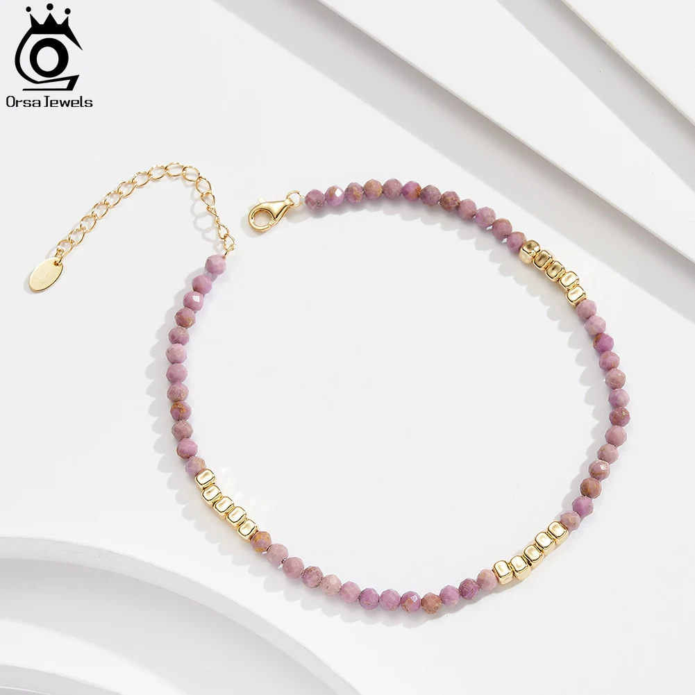 ORSA JEWELS Summer Jewelry Natural Stone Purple Mica 925 Sterling Silver Anklet Stone Bohemian Purple for Women Leg Chain SA89