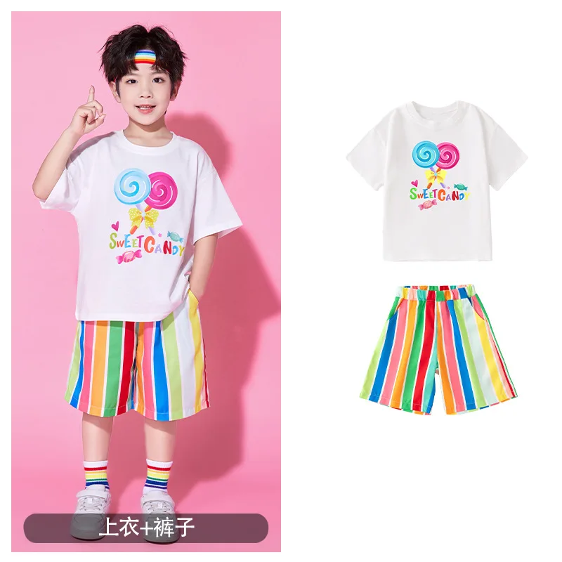 Kids Hip Hop Ballroom Dancing Costumes 4 Girls Boys Lollipop White T Shirt Color Shorts Skirt Jazz Dance Clothes Stage Outfits