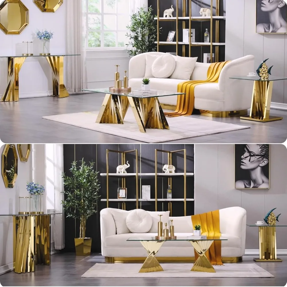50 inch Gold and Clear Glass Coffee Table for Living Room with Gorgeous Polished Stainless Steel Base, Café Tables 5