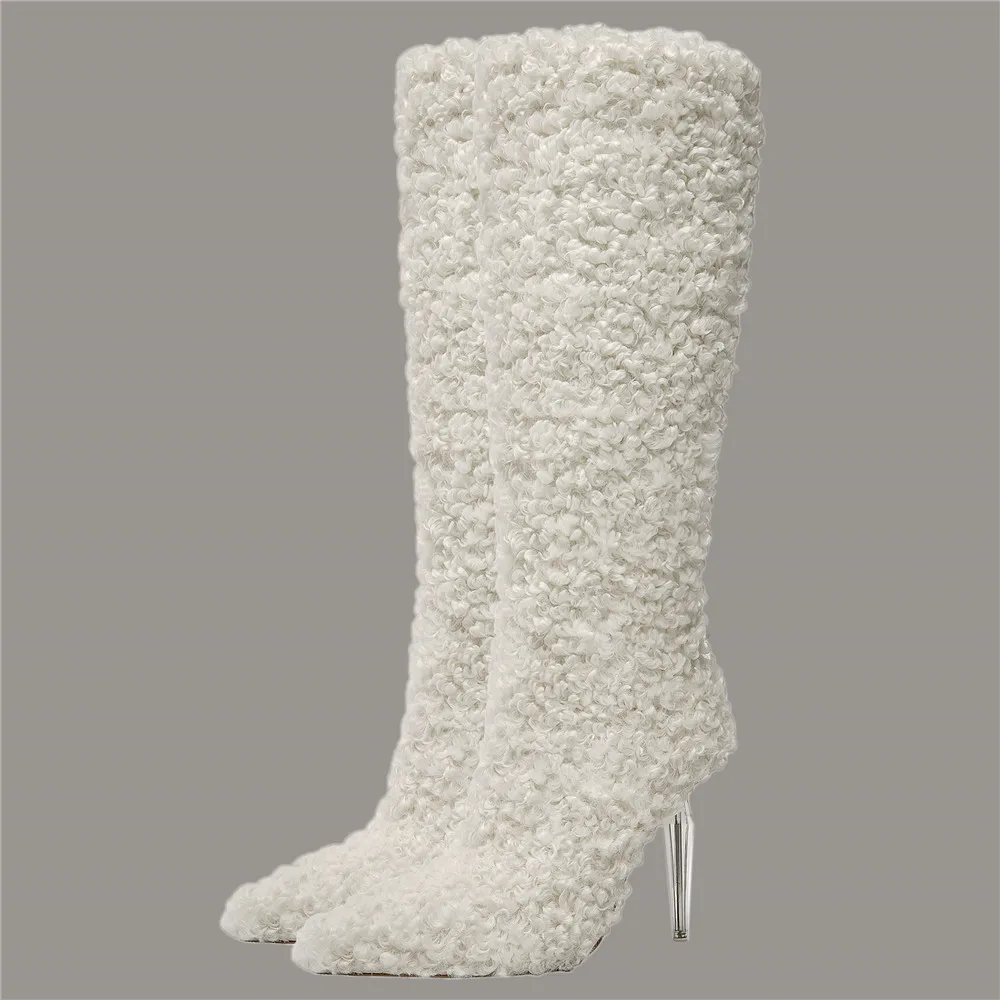 

Fashion Women Imitation Wool Knee High Boots for Women 's Pointed Toe Crystal Transparency Heels Shoes Sexy Lady Wedding Boots