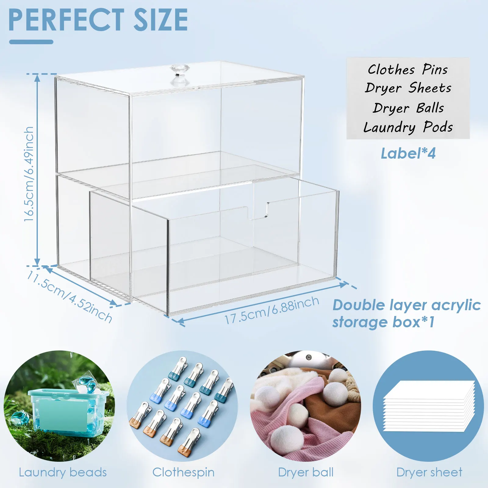 Double Layer Acrylic Storage Box with Drawer and Lid Clear Dryer Sheet Container Laundry Room Organization Decor Container 6