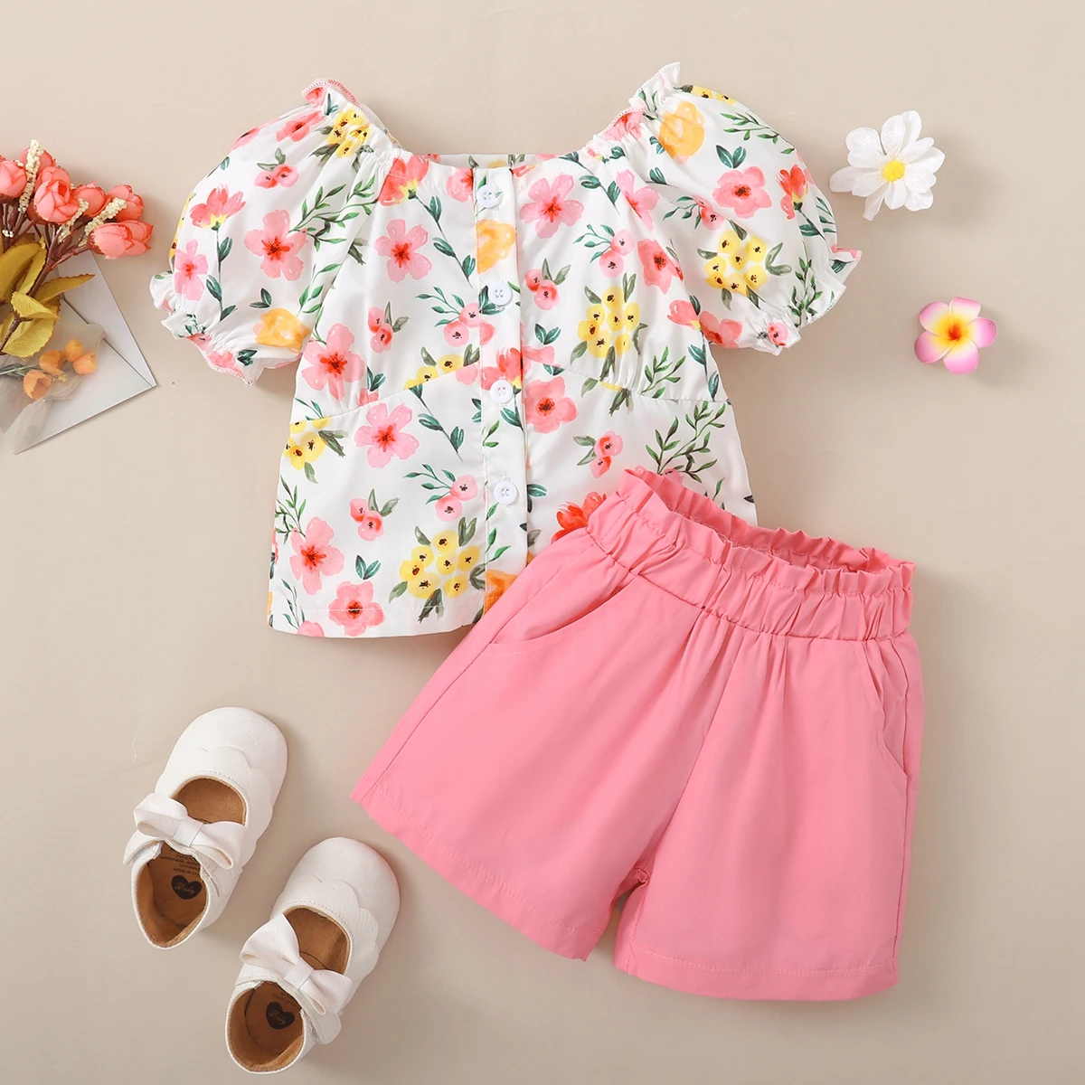 hibobi Toddler Girl Casual Floral Puff Sleeve Top Shorts Eleguard Suit baby boy clothing sets