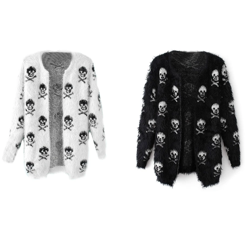 Women Furry Mohair Sweater Cardigan Long Sleeve Skull Print Knitwear Midi  Coat - AliExpress