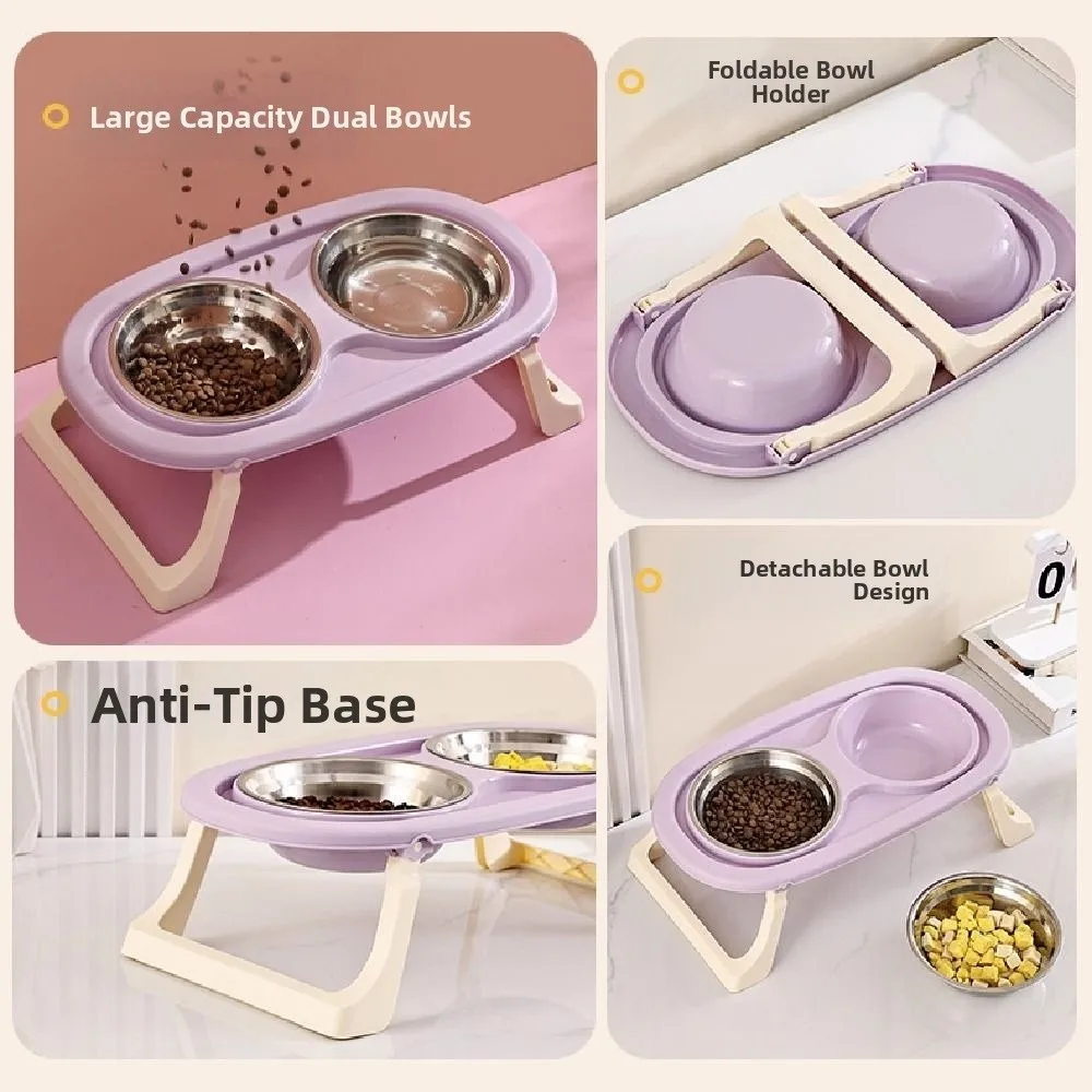 Double Bowls Pet High Footed Bowl Anti-flip Detachable Cat Food Water Bowl Anti-vomiting with Foldable Stand