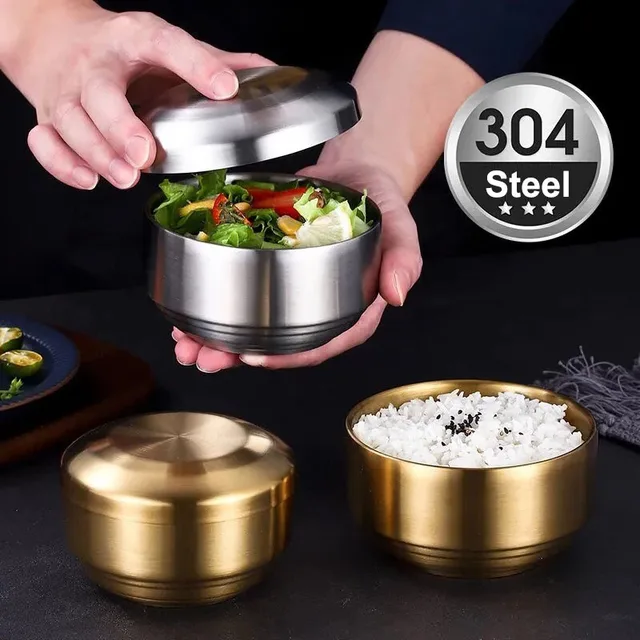 304 Stainless Steel Double Rice Bowl Soup Bowl Steamed Rice Bowl Anti-Scalding Child Small Bowl for Korean Cuisine