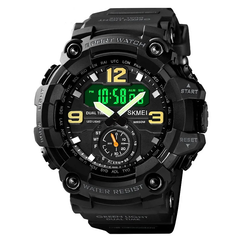 Fashion Men Outdoor Sports Digital Analog Wrist Watches Shockproof Alarm Clock Dual Movement 3 Time Teenager Watch newentor q3 weather station wireless indoor outdoor sensor alarm clock time calendar humidity temperature hygrometer barometer
