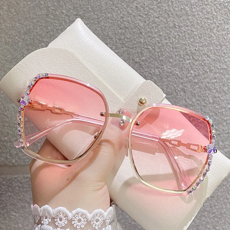 Rhinestone Decor Rimless Fashion Sunglasses with Gradient Lenses, UV400 Protection