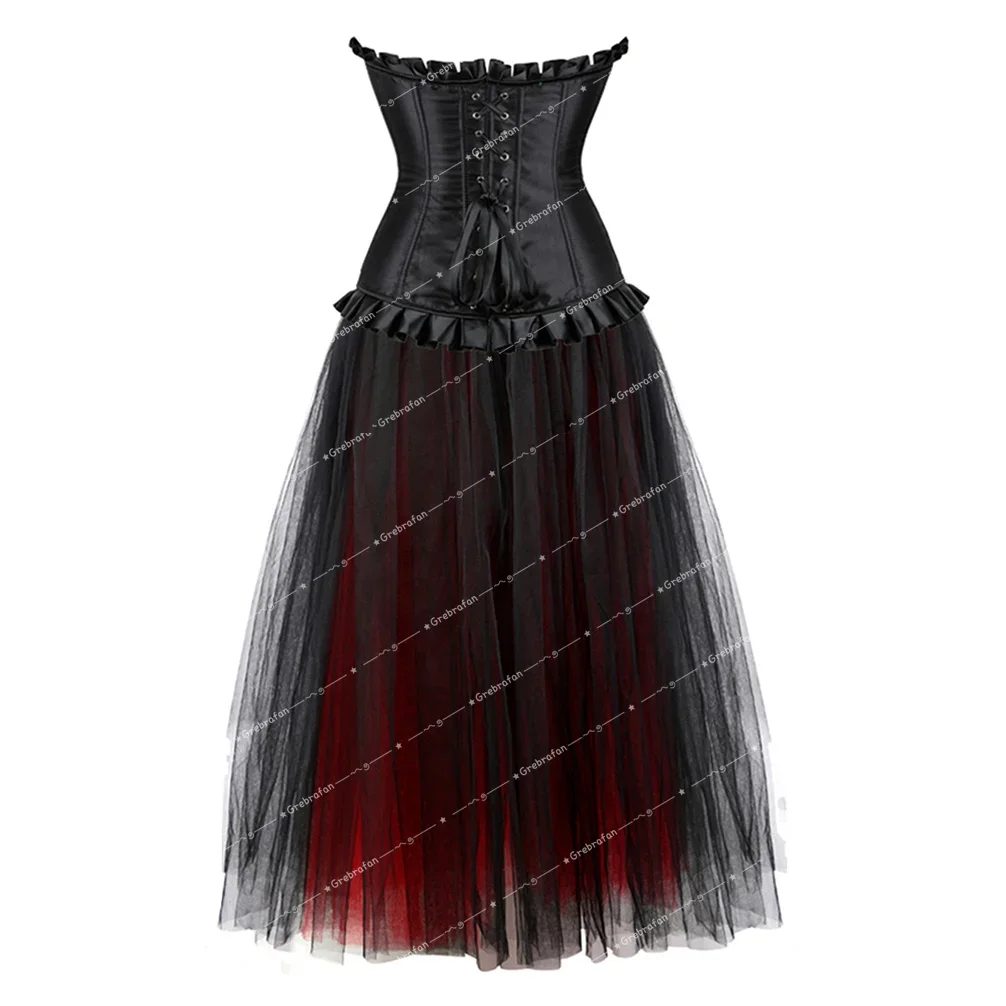 Medieval Corset Skirt Lace Corsets Steampunk Bustiers with Long Princess Mesh Tulle Carnival Party Costumes Womens Rave Clothes