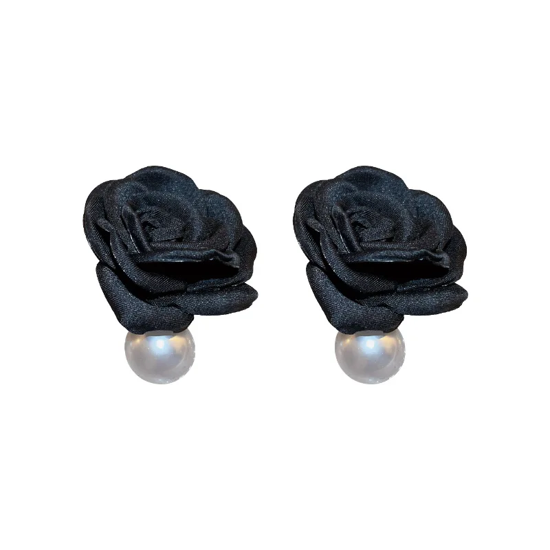 Sexy Woman Black Fabric Large Flower Round Pearl Drop Earrings for Women Party Club Accessories Fashion Jewelry Moda Mujer images - 6