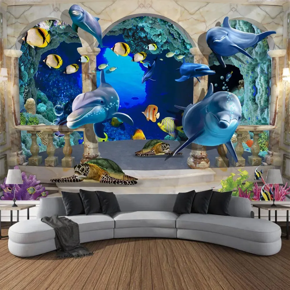 Undersea print pattern tapestry psychedelic room wall hanging cloth ocean coral dolphin home decoration cartoon mural cloth
