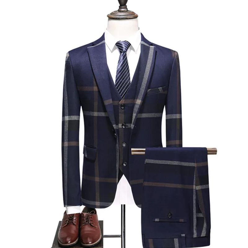 Men's Wedding Plaid Blue Gray Blazers Jacket Pants Vest 3 Pcs Set Slim Fit Business Tuxedo Dress Classic Formal Suits Coat mens suit