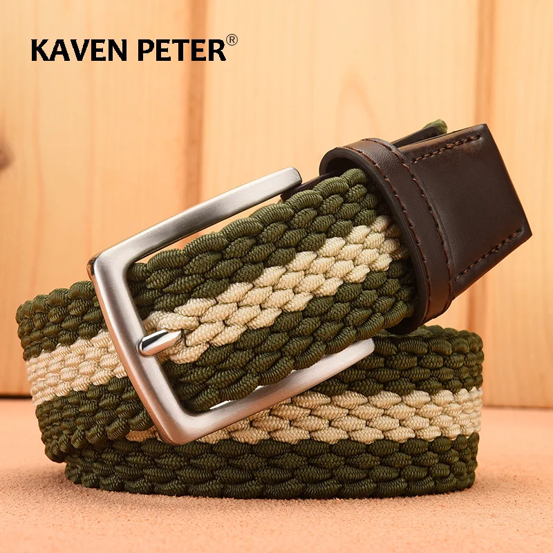 Fashion Casual Stretch Woven Belt With Leather Tip Top Elastic Belts For Men Jeans Mixed Color Braided Strap Zinc Alloy Buckle