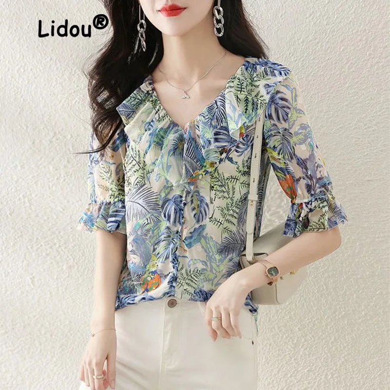 

Elegant Classic Floral Ruffles Blouse Women Classic Short Sleeve Thin Ventilate V-neck Printing Chiffon Lady Pullover Shirt