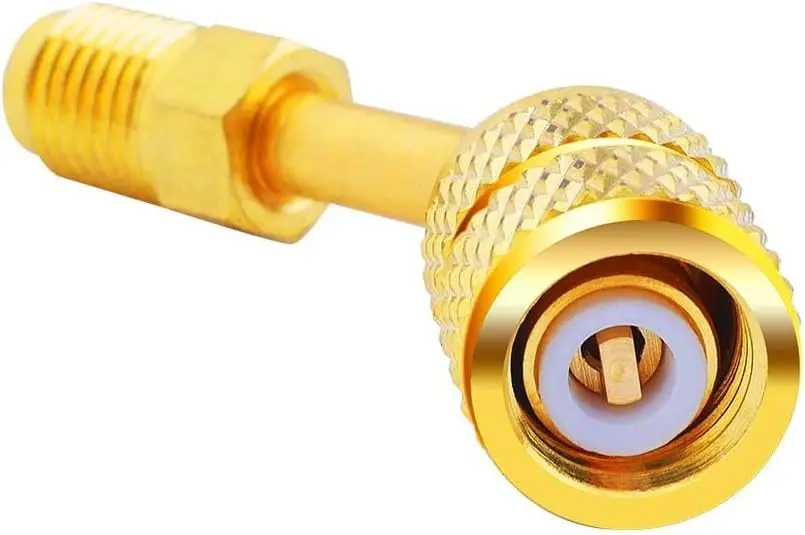 R410a Charging Vacuum Port Adapter Brass Converter with Thimble 5/16 Inch Female Quick Coupler to 1/4 Inch Male Flare for Split