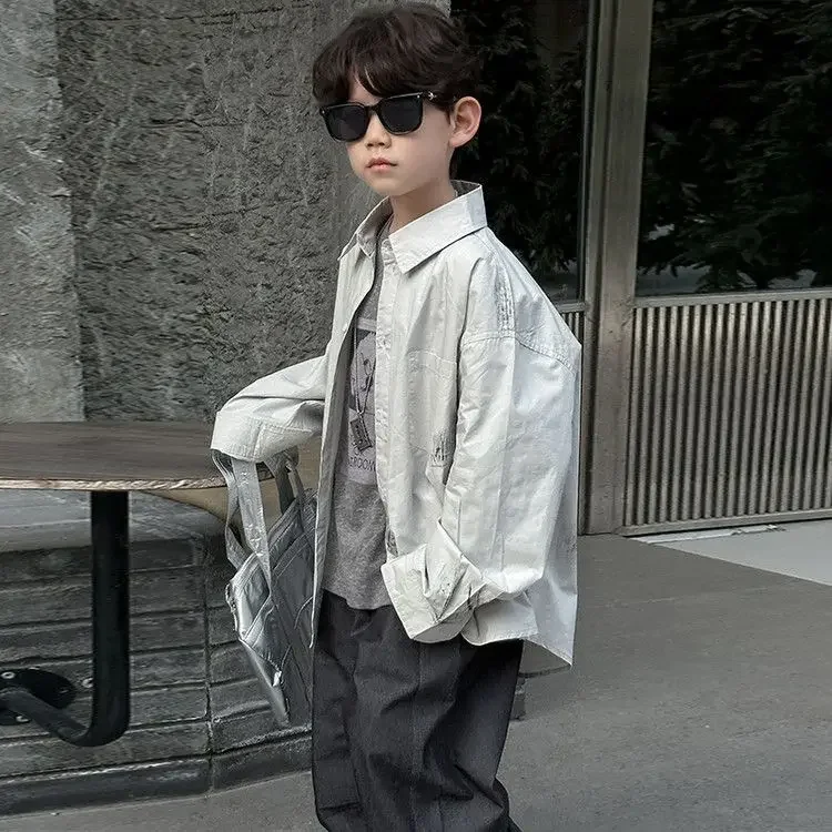 Cool Black Retro Denim Jacket for Boys Autumn Winter Fashionable Children's Shirt Baby Stylish Top Crew Neck