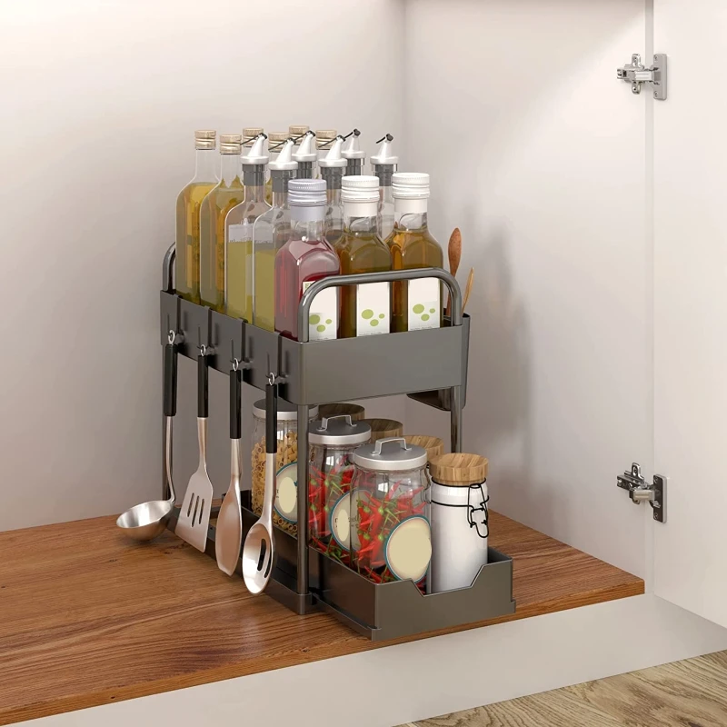 2 Tier Under Sink Storage Rack Sliding Basket Cabinet Countertop Pull Out  Spice Drawer Organizer Shelf In Kitchen Bath - AliExpress