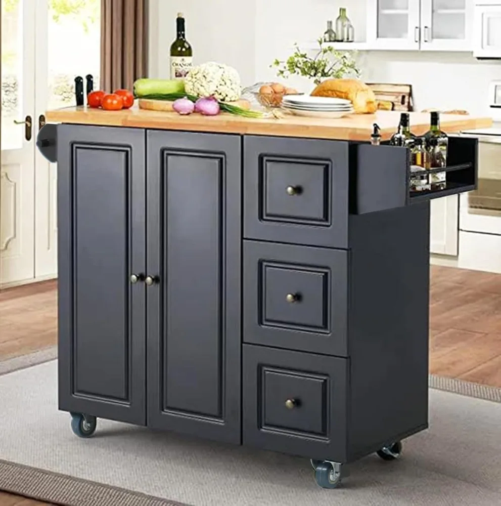 

PHI VILLA Rolling Kitchen Island with Storage - Portable Kitchen Island with Drop Leaf, Black Kitchen Carts on Wheels