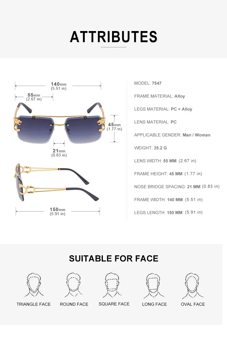 Mode metall leopard randlose sonnenbrille doppel brücken gradienten ozean film schattierungen uv400 – Detail 11