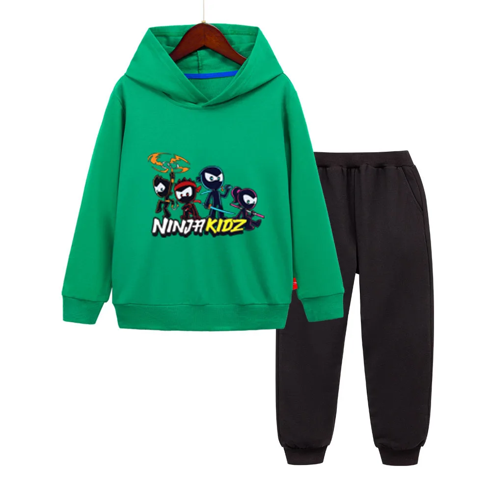 

Зеленые детские толстовки NINJA KIDZ, брюки, 2 шт., осенние толстовки с капюшоном «Тайна ниндзя» для мальчиков и девочек, толстовки из двух предметов с капюшоном