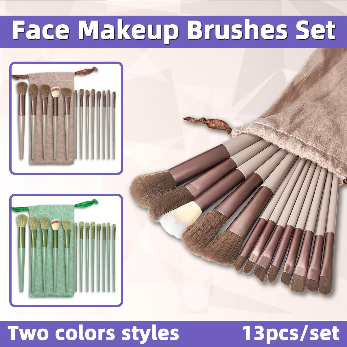 Set di 13 Pennelli per Trucco Viso, Kit di Pennelli Cosmetici Sintetici Morbidi per Fondotinta, Cipria, Ombretto e Sfumatura, con Borsa da Viaggio