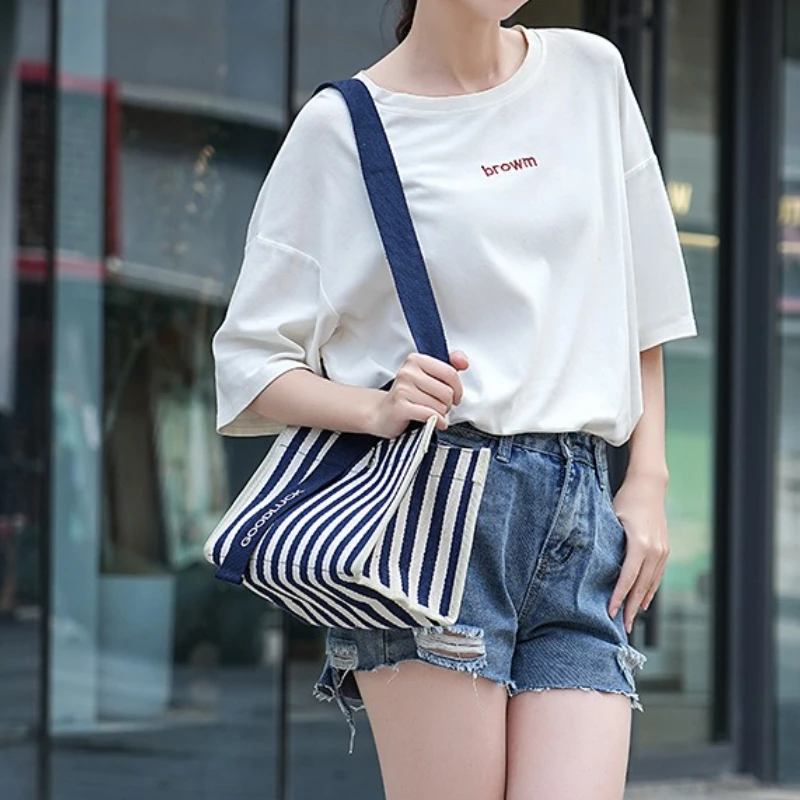 New Sle Casual Canvas Tote Bag Waterproof Commuter Crossbody Bag Faionable Striped Large Capaci Handbag for Youth