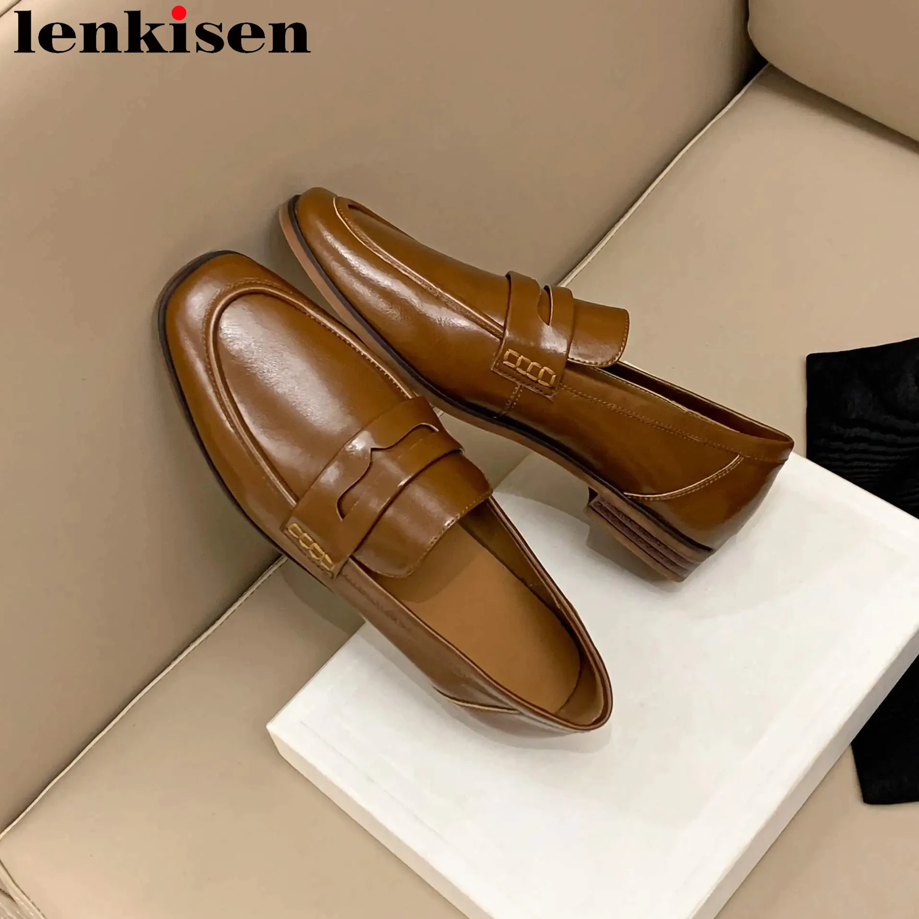 

Lenkisen Cow Leather Low Heels Spring Casual Shoes Slip On Brand Loafers Runway Preppy Style Vintage Office Lady Women Pumps