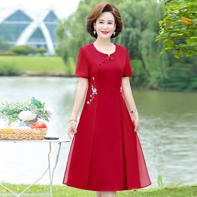 

Женское шифоновое платье-миди с вышивкой, элегантное винтажное повседневное свободное облегающее платье с имитацией двух предметов, лето