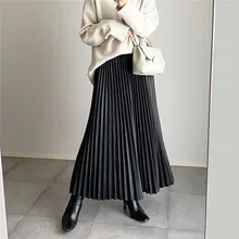 

Winter Japan South Korea New High Waist Thin Pleated Skirt Thickened Elastic Waist Gentle Temperament Thin Women's Long Skirt