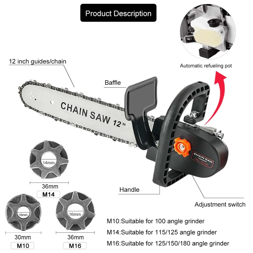 12 Inch Electric Chain Saw Adapter Home DIY Power Tool Kit for 100-180mm Angle Grinder, M10-M14-M16 Adjustable Chain Saw Adapter 4