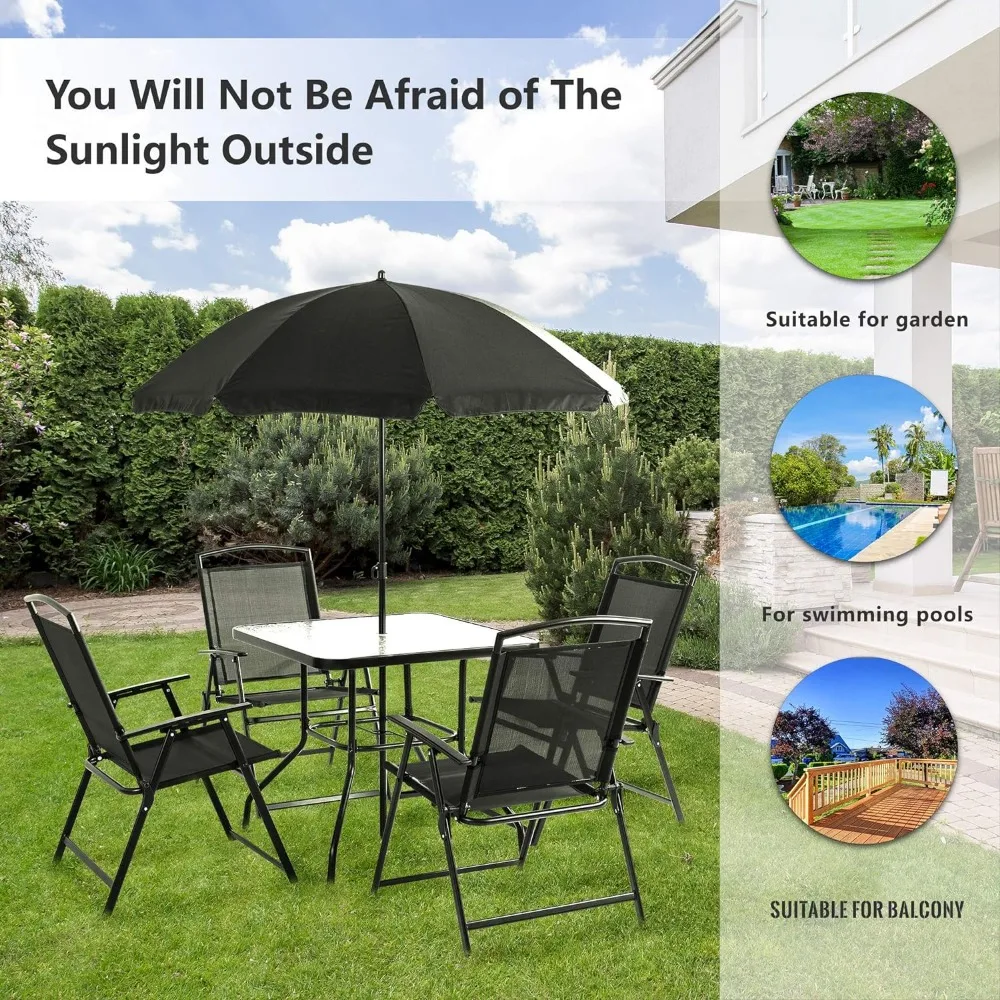 6 Piece Folding Patio Dining Set,Small Metal Outdoor Garden Patio Table and Chair Set w/Umbrella for Lawn,Deck,Backyard,Black images - 6