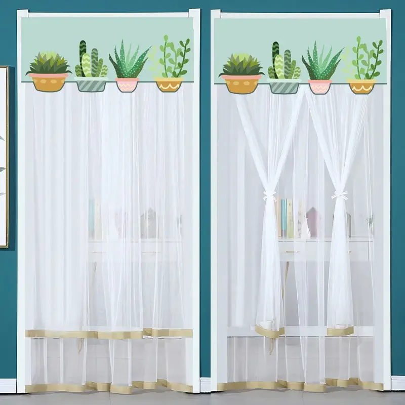 Lace Embroidered Door Curtain, Punch-free Mosquito Screen Curtain, Breathable Bedroom Partition Curtain, Double Layer, 1Pc