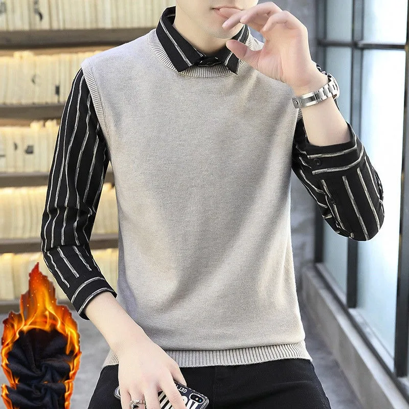 Men's Autumn Winter Pullover Turn-down Collar Button Patchwork Striped Flocking Plaid Long Sleeve Shirt Casual Formal Tops