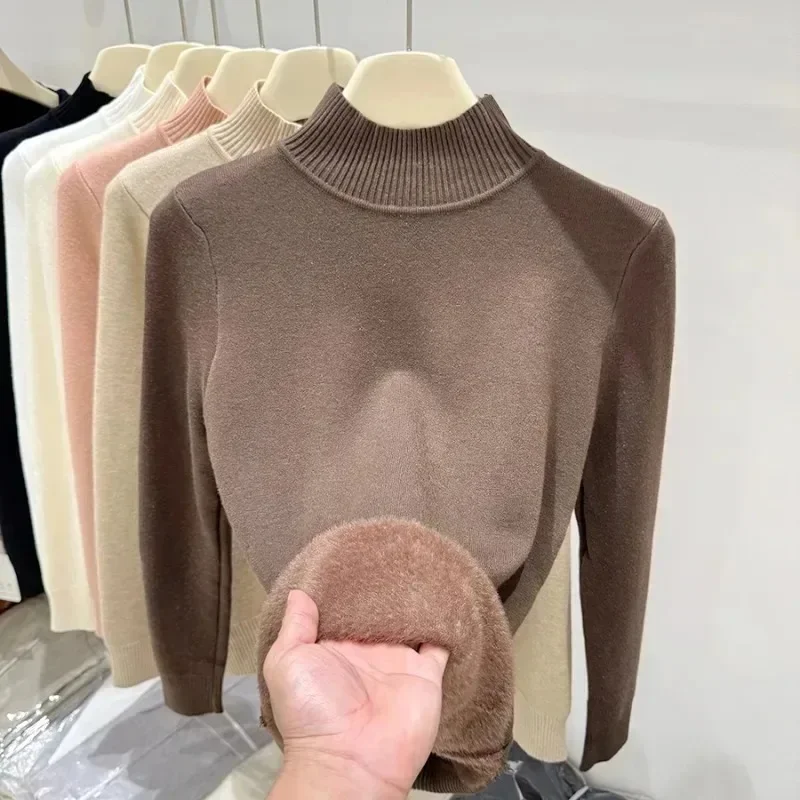 Autumn and Winter Integrated Velvet Semi-turtleneck Women's Long-sleeved Sweater Fashion Elegant Slim-fit Solid-color Knitwear