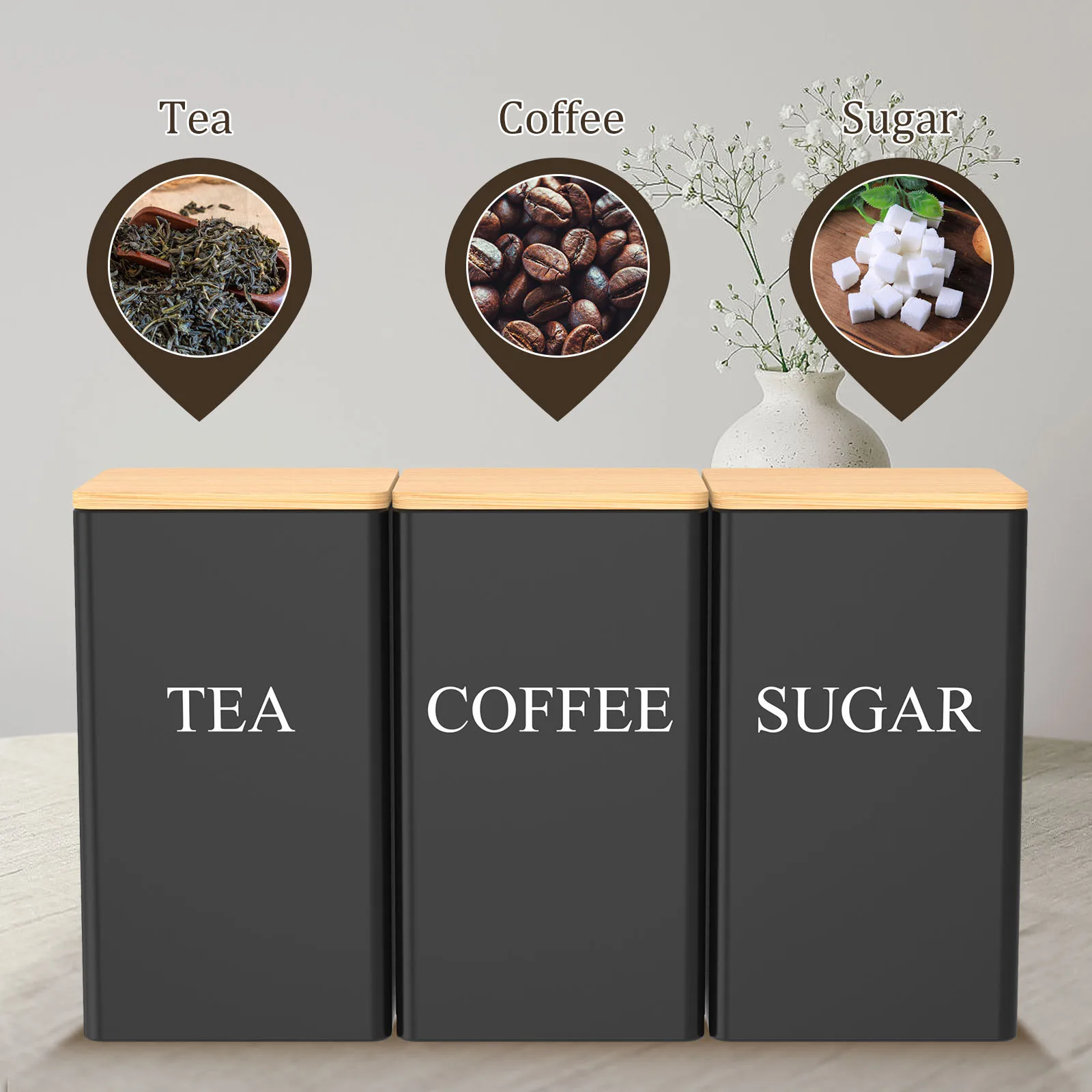 Coffee Storage Jars Set - 3Pcs Metal Containers with Bamboo Lids for Beans Sugar and Tea